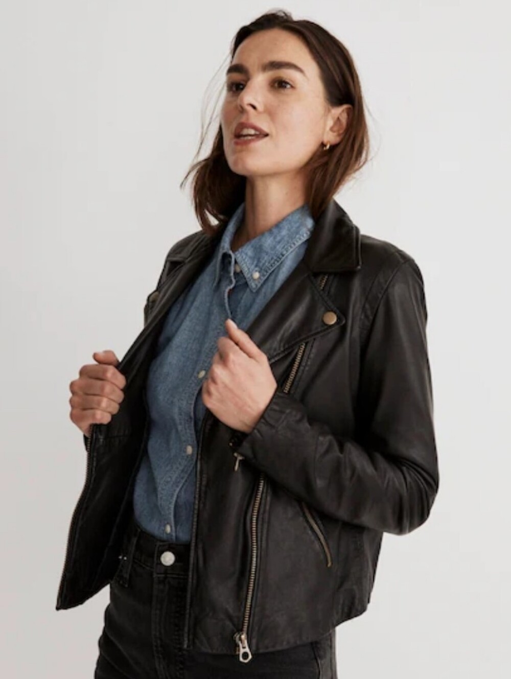 Madewell Washed Leather Motorcycle Jacket Brass Hardware Black Size Large